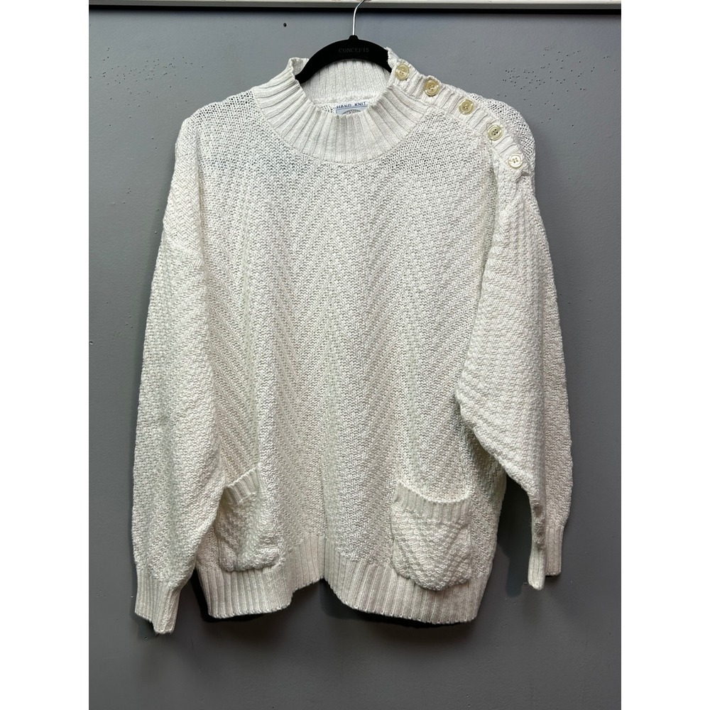 Cape Isle Knitters Sweater Women M White Mock Neck Button Hand Knit Pockets